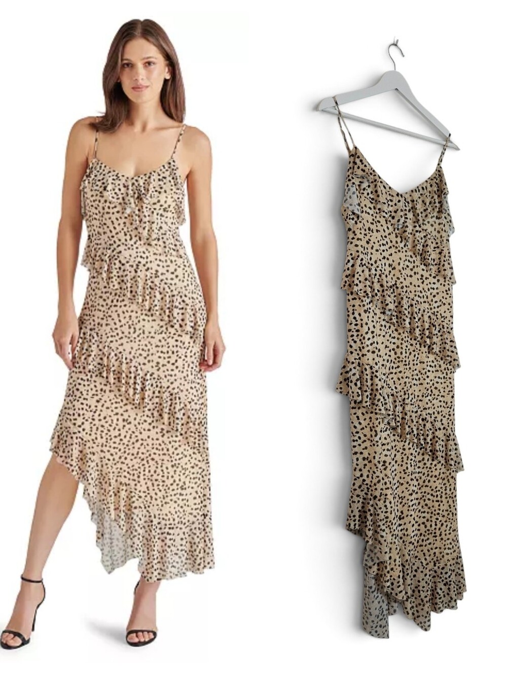 Steve Madden Dress L Aida Cheetah Print Ruffled Tiered Midi Slip Dress Brown Tan